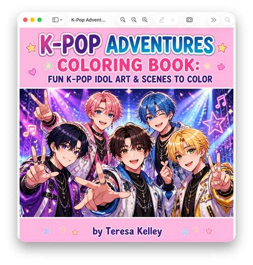 K-Pop Adventures Coloring Book cover featuring anime-style K-Pop idols on stage