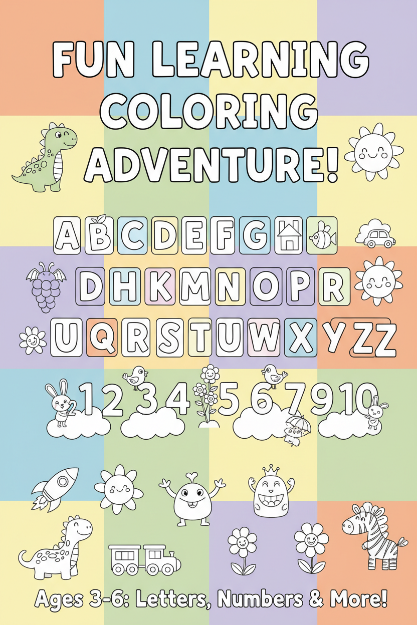 Colorful children's coloring book cover with alphabet letters and numbers