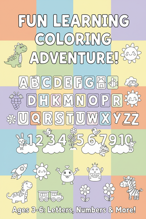 Colorful children's coloring book cover with alphabet letters and numbers