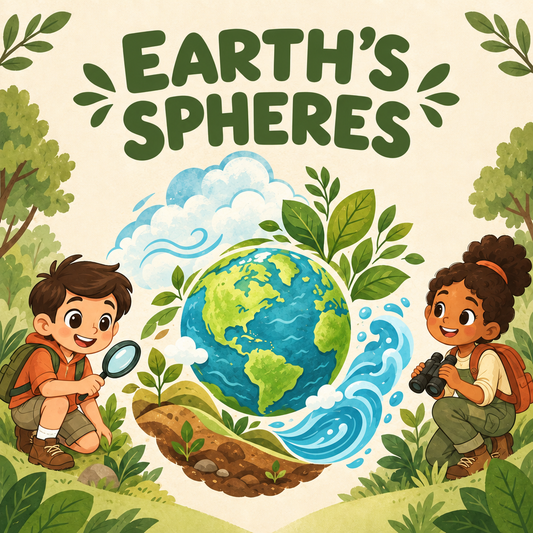 Earth's Spheres educational cover with illustrated globe, water, clouds, plants, and two children