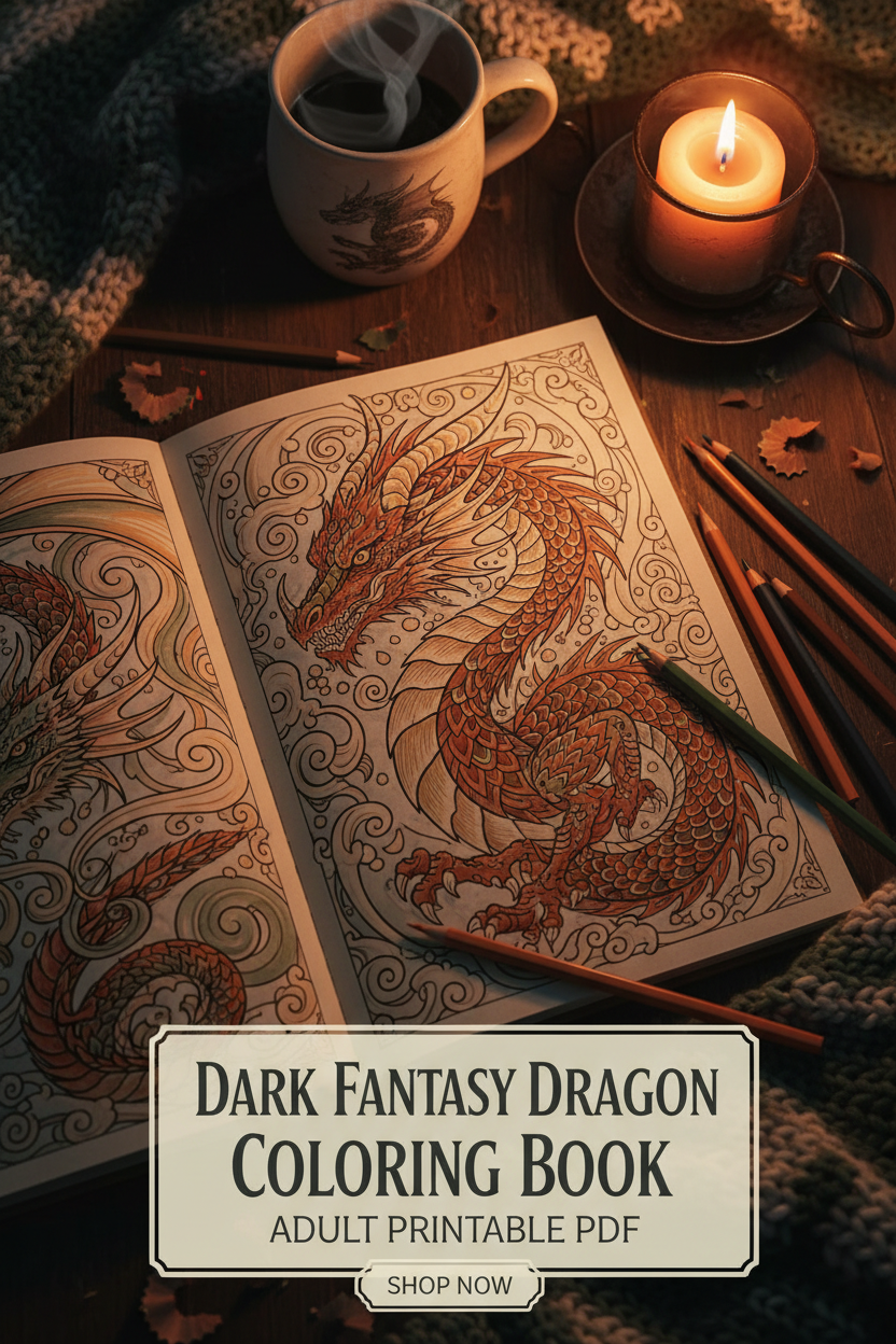 Dark Fantasy Dragon Coloring Book Pinterest cover image